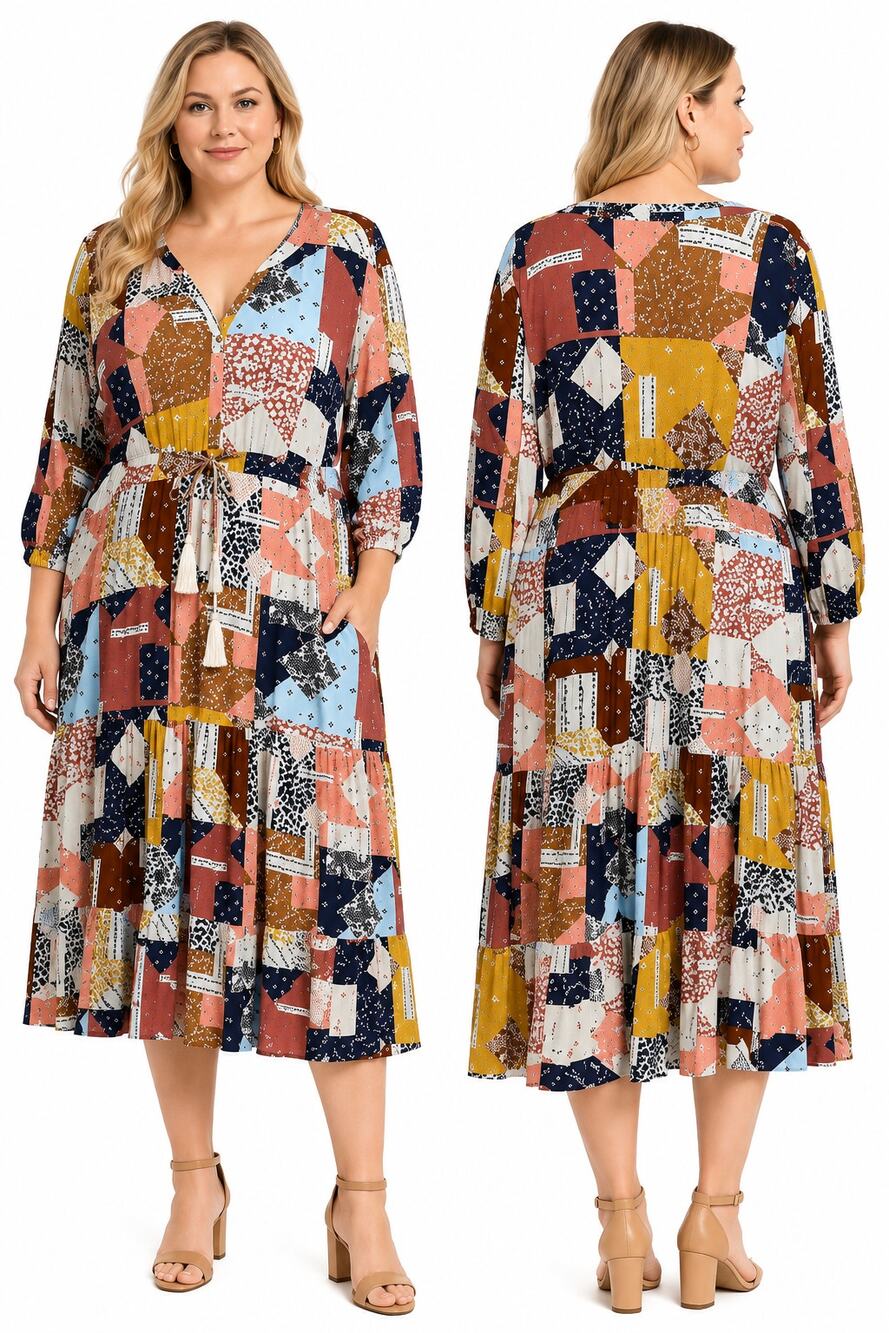 Wonderly Patchwork Dress Drawstring Waist 3X Rayon Boho Dress Cottagecore
